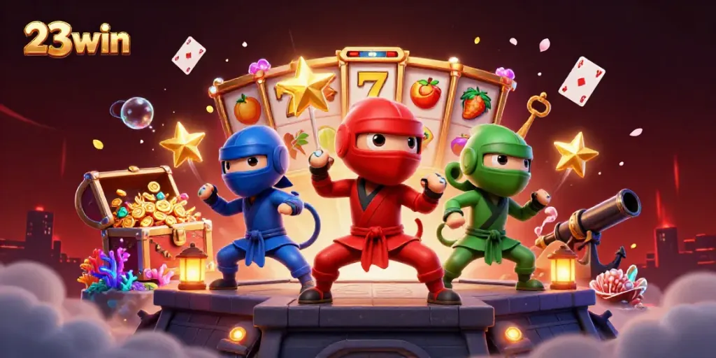 Experience thrilling gameplay with 23win as ninja chameleons celebrate big wins in a vibrant casino scene.