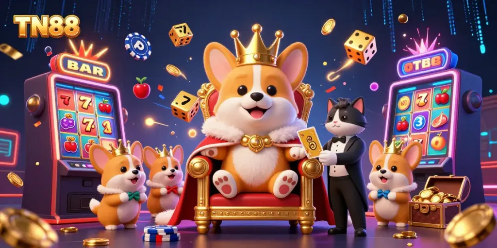 Experience TN88 excitement with a royal corgi on a poker chip throne amid a slot machine jackpot