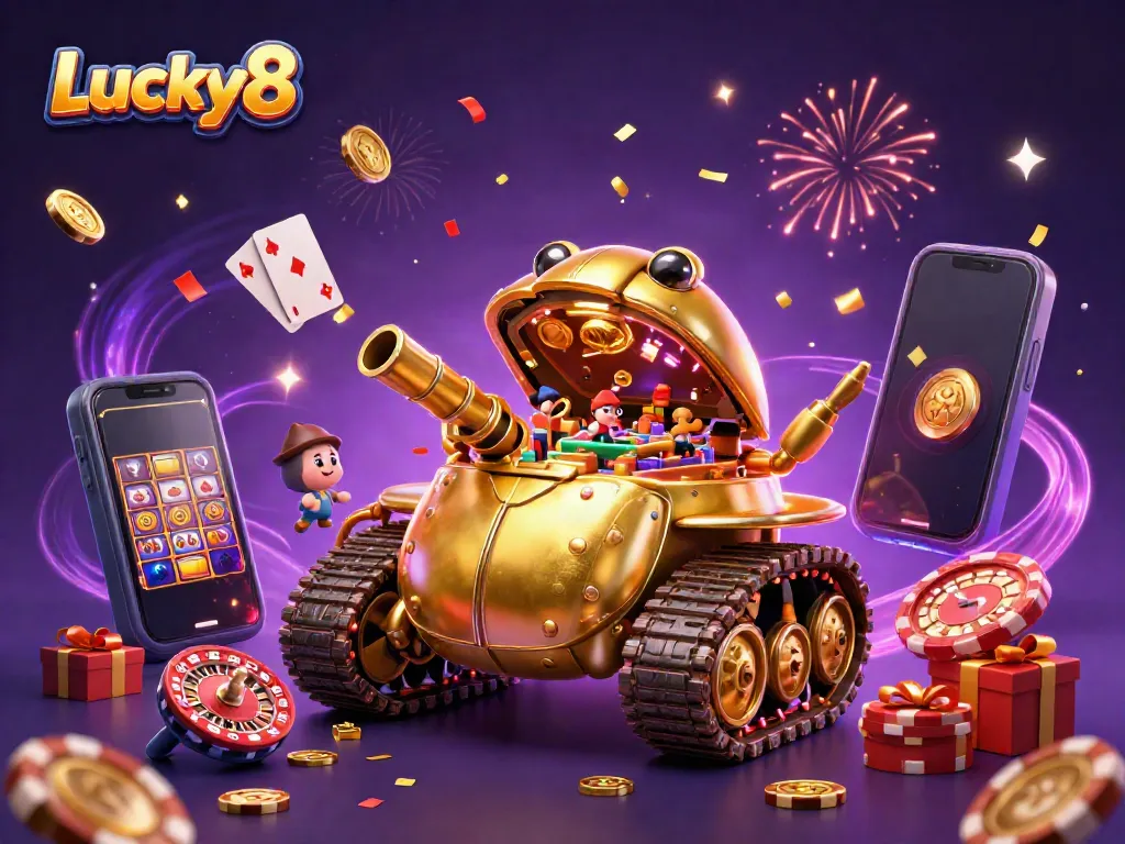 Experience thrilling gaming with Lucky8 inside a golden beetle tank casino bursting with excitement.