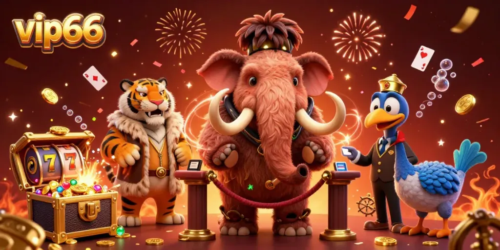 Experience the vibrant casino-themed scene at vip66 with a woolly mammoth bouncer checking IDs.
