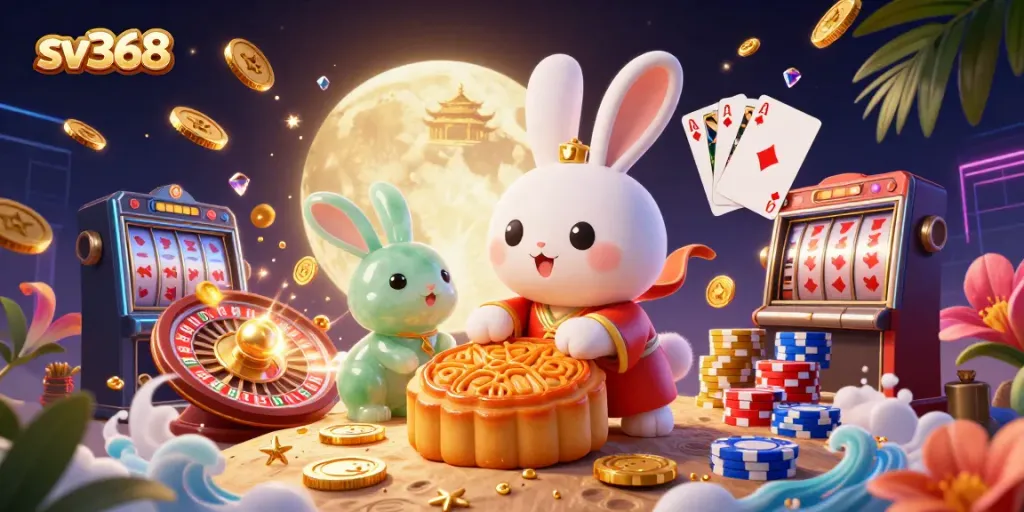 Spin and win big at sv368 with a lively illustration of a moon rabbit and poker elements in a digital casino