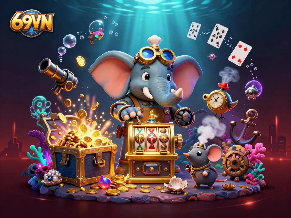 Spin to win at 69VN with a vibrant steampunk-inspired slot machine scene filled with treasures.