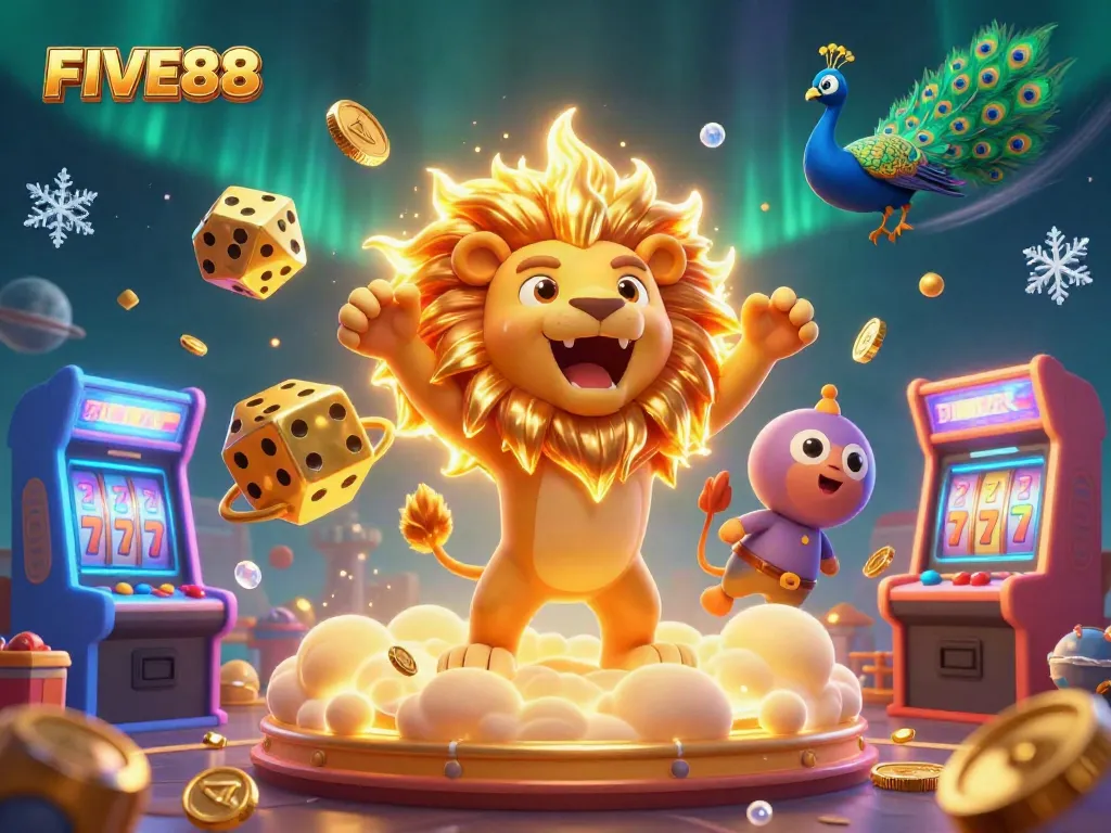 Experience the thrill of FIVE88 as the vibrant 3D casino scene showcases winning elements with a roaring lion and golden dice.