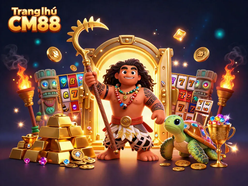 Play at Trang chủ CM88 with vibrant 3D casino characters, glowing treasures, and slot elements.