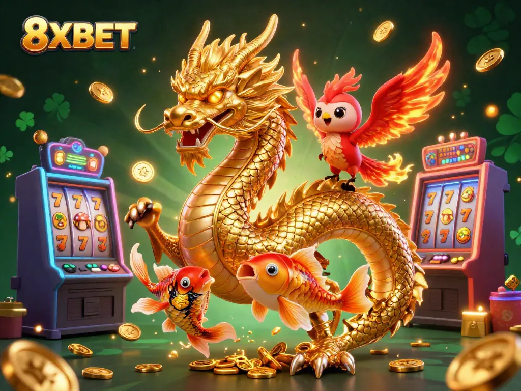 Experience the thrill of 8XBET with a golden dragon, phoenix, and koi amidst vibrant slot games and coins.