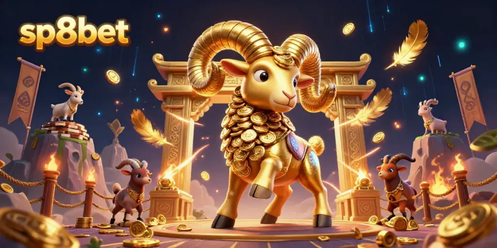 Experience the excitement of sp8bet with a dynamic 3D scene featuring a golden ram, gaming tokens, and rich casino elements.