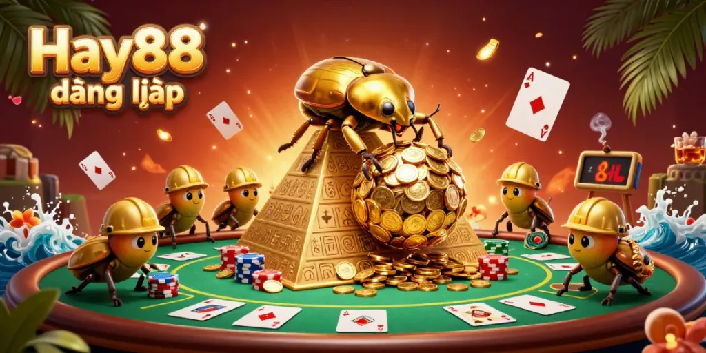 Experience Hay88 đăng nhập in style with golden beetles and poker elements in a vibrant casino scene.