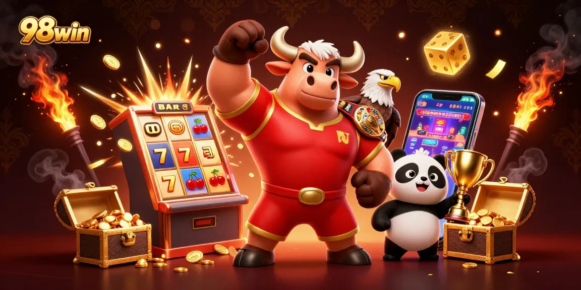 98win celebrates big wins with dynamic characters, vibrant casino game elements, and jackpot excitement.