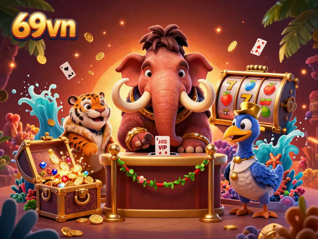 Experience the excitement of winning big at 69vn with a vibrant casino scene featuring unique characters and games.