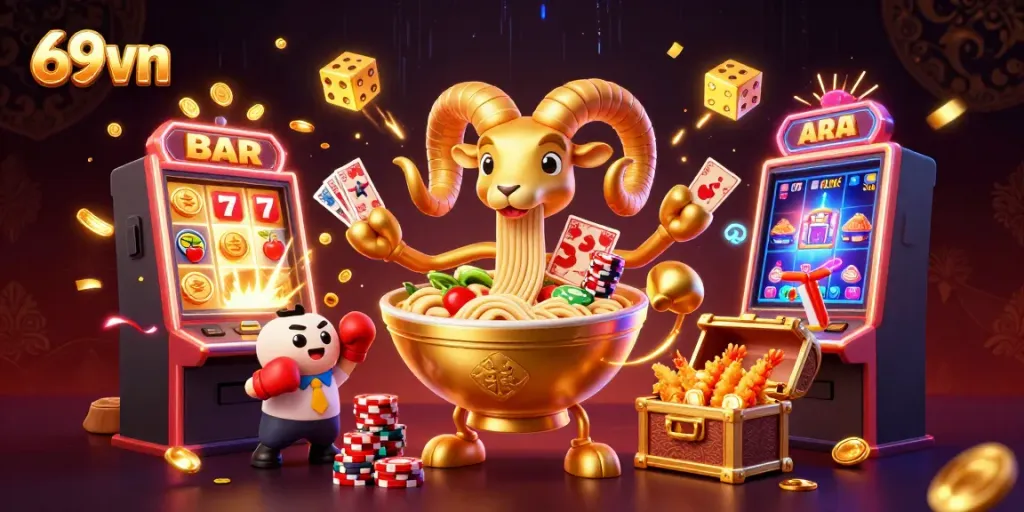 Experience thrilling wins with 69vn in this vibrant casino illustration showcasing lively characters.