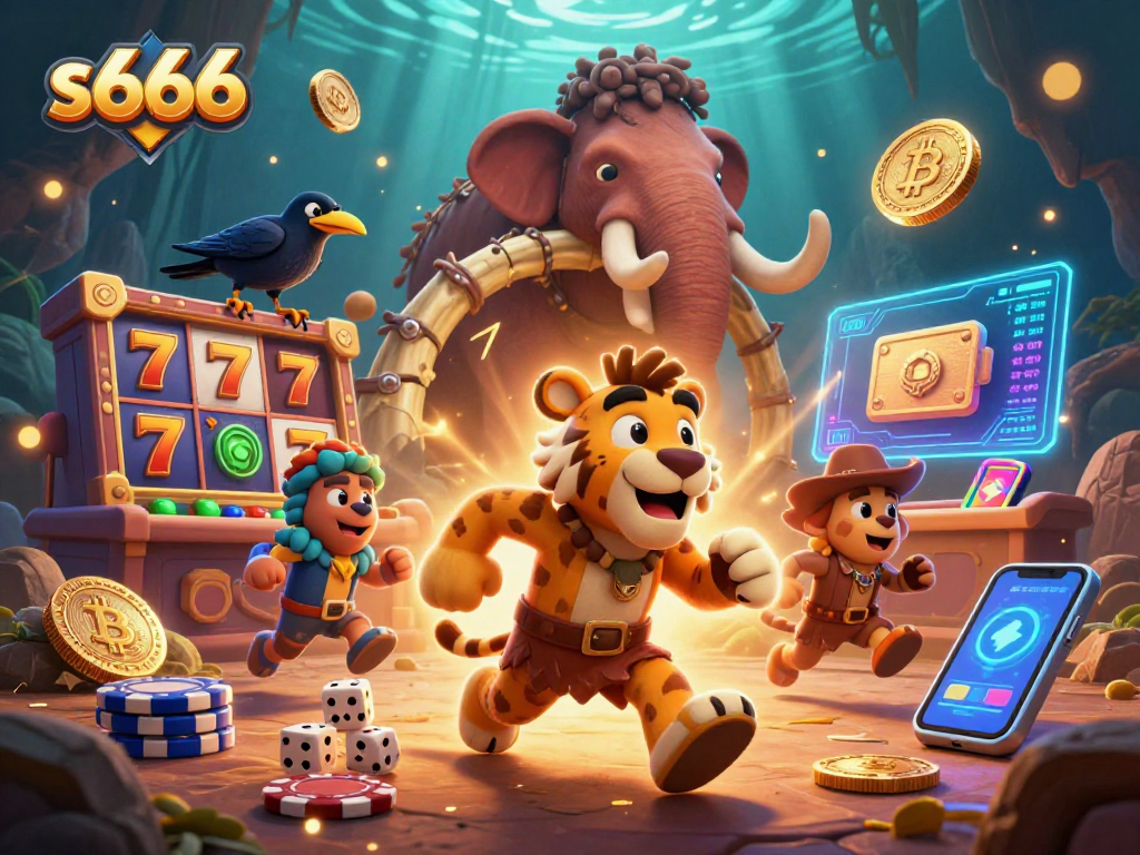 Experience the excitement at s666 with caveman and tiger in a vibrant prehistoric casino scene.