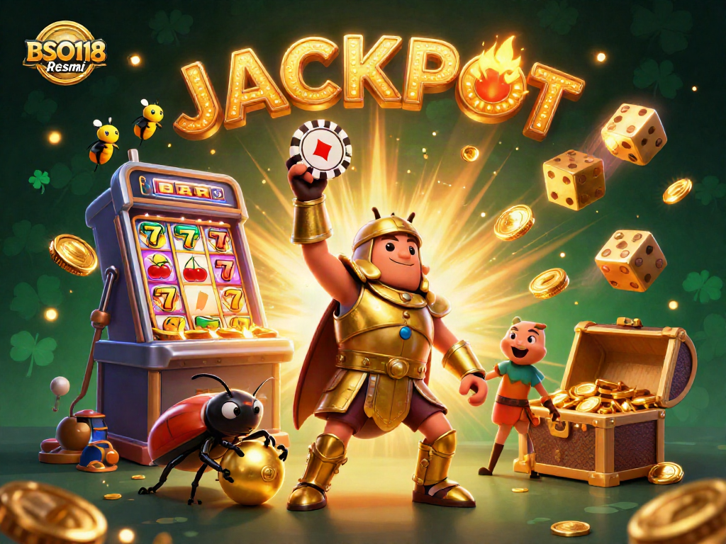 Engaging casino scene with BSO118 Resmi logo, cartoon beetles, jackpot symbols, and vibrant game elements.
