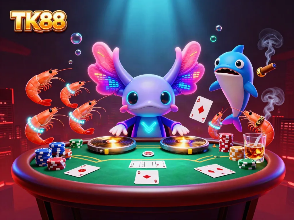 Experience the vibrant energy of TK88 with a 3D axolotl DJ and poker scene reflecting underwater excitement.