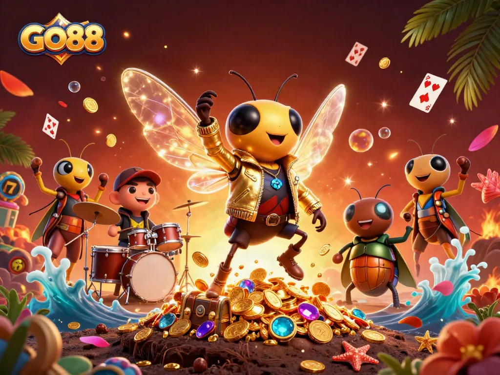 Experience GO88 gaming excitement with a vibrant scene of entertaining characters and dynamic casino elements.