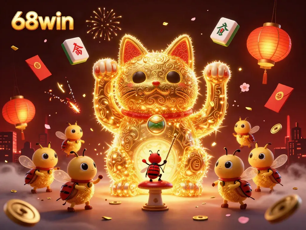Engage in thrilling casino fun with 68win's vibrant lucky cat illustration.