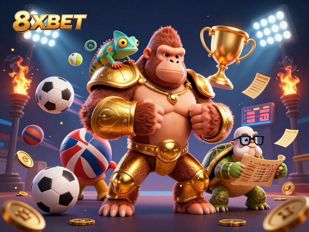 Engage with 8XBET's vibrant 3D casino scene, showcasing dynamic sports elements and characters.