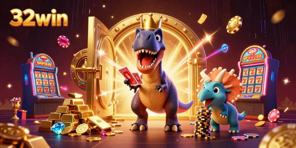 Engage in thrilling gameplay with 32win, featuring a friendly T-Rex shuffling cards at a vibrant casino.
