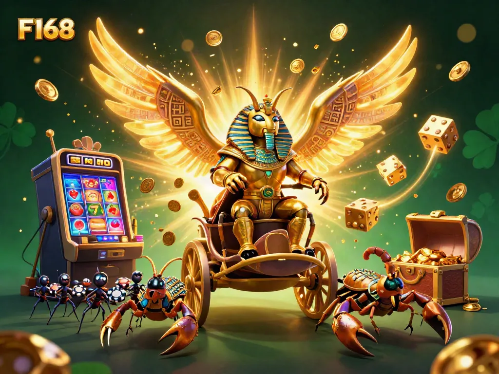 Experience thrilling wins at F168 with a vibrant illustration featuring a colossal golden scarab and jackpot elements.