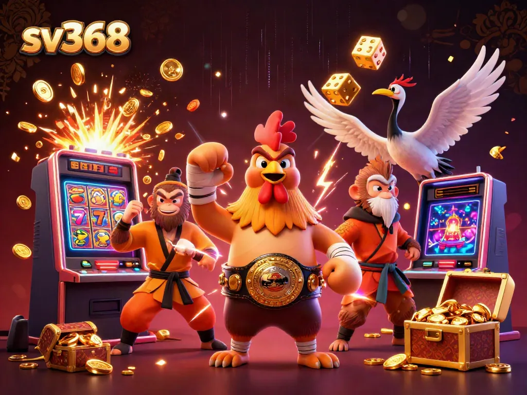 sv368 offers an exciting casino atmosphere with a Muay Thai rooster, monkey, and crane beside dynamic slot machines.