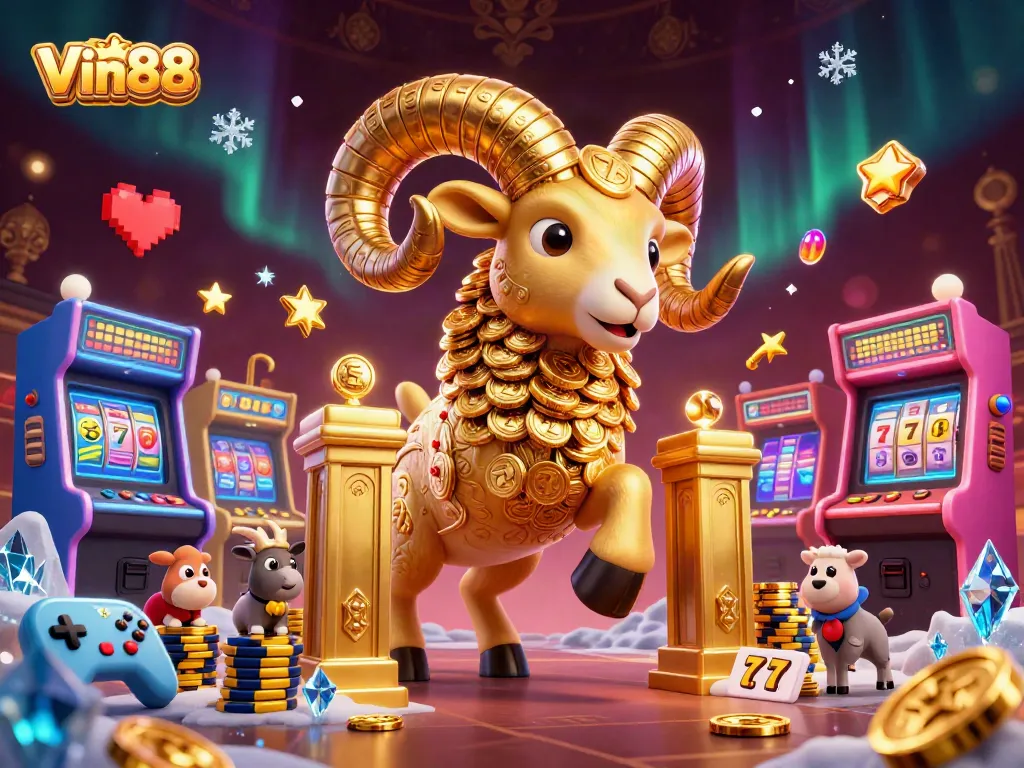 Experience vibrant gameplay with Vin88’s golden ram and exciting casino elements in a dynamic scene.