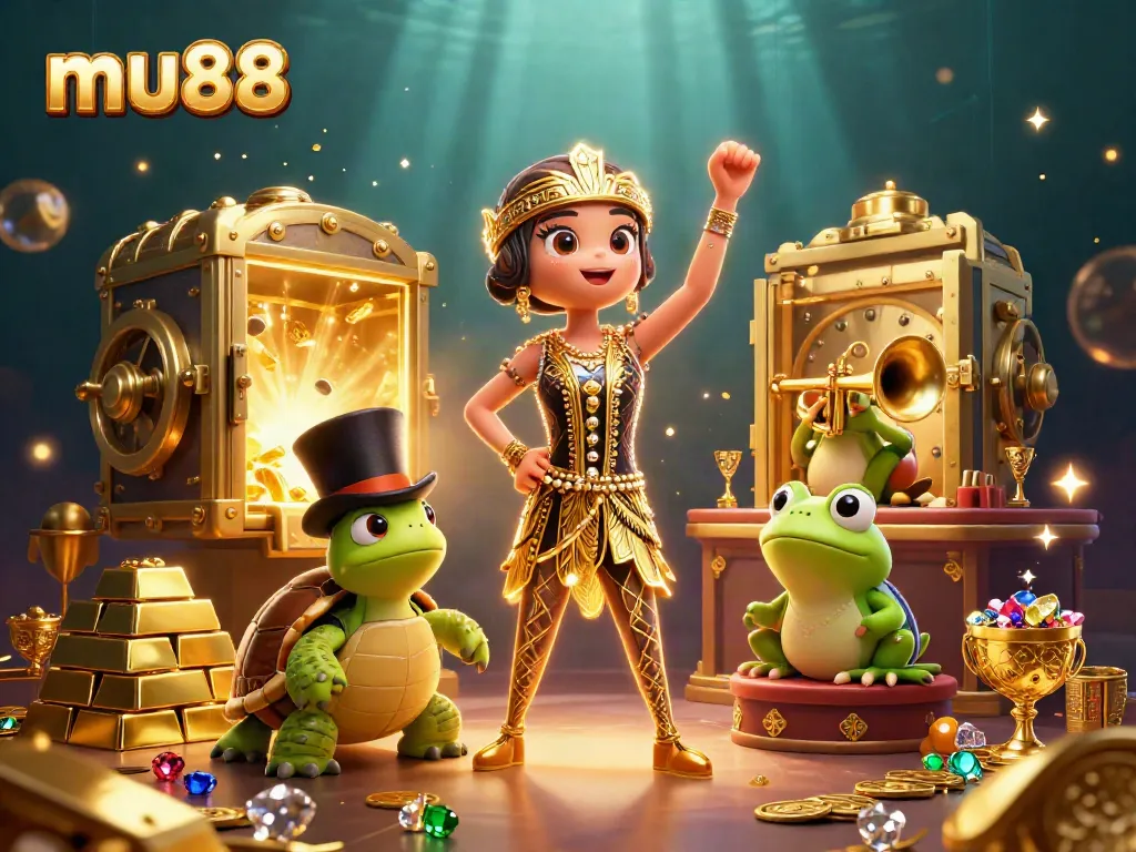 Experience the thrill of mu88 with vibrant casino elements and fun characters in a dazzling scene.