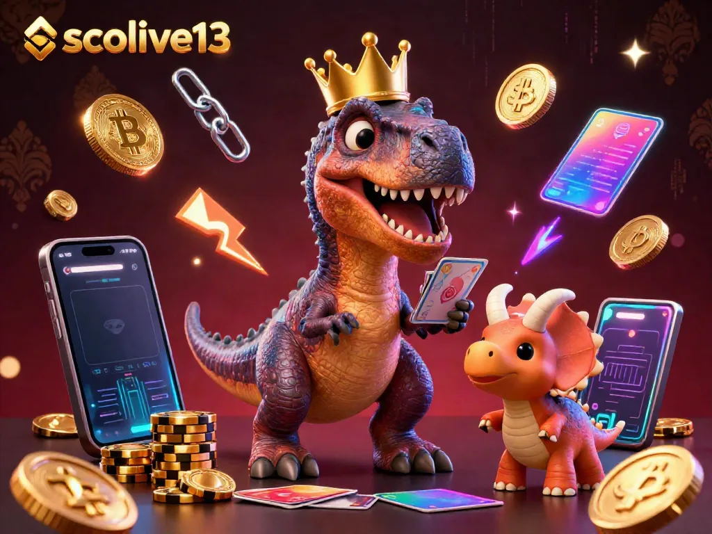 Socolive13 showcases a vibrant T-Rex dealer shuffling cards with support from a pterodactyl in a lively gambling scene.