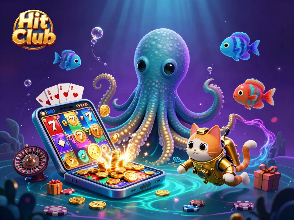 Hit Club engaging in exciting slot game action amidst a vibrant ocean scene with the kraken.