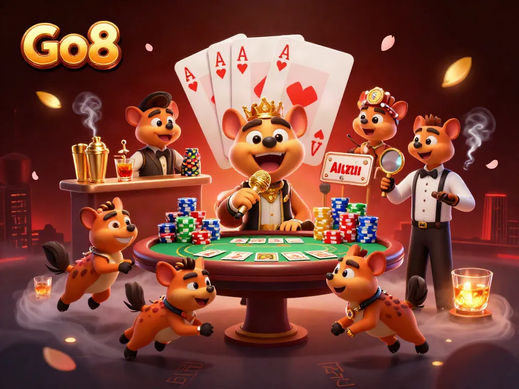 Go8 hyenas perform comedy in a vibrant casino scene packed with poker elements.