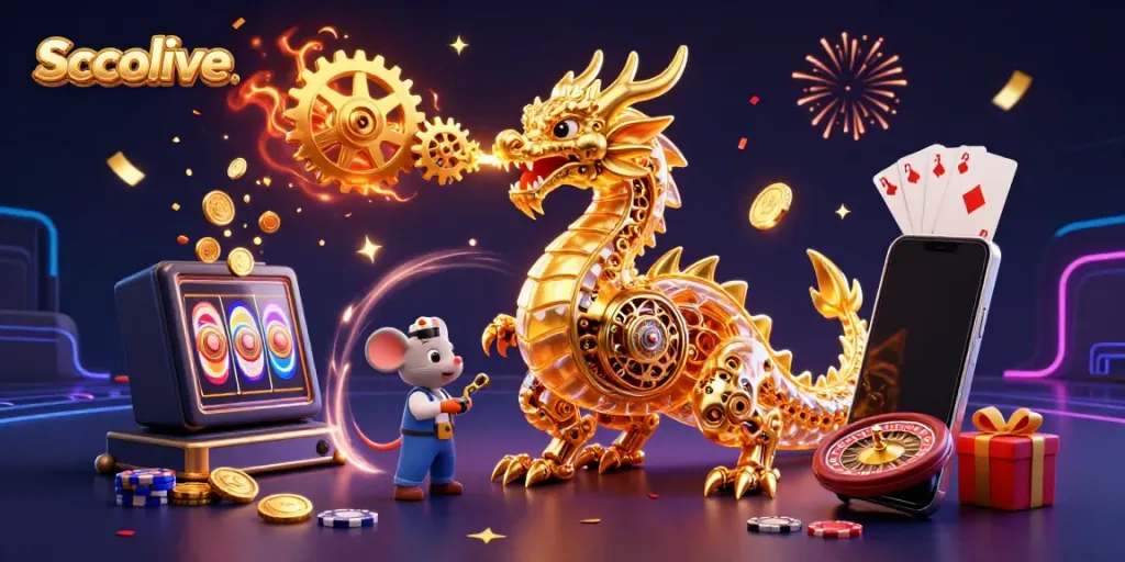 Experience Socolive through an ultra-detailed 3D illustration featuring a golden dragon amidst vibrant gambling elements.