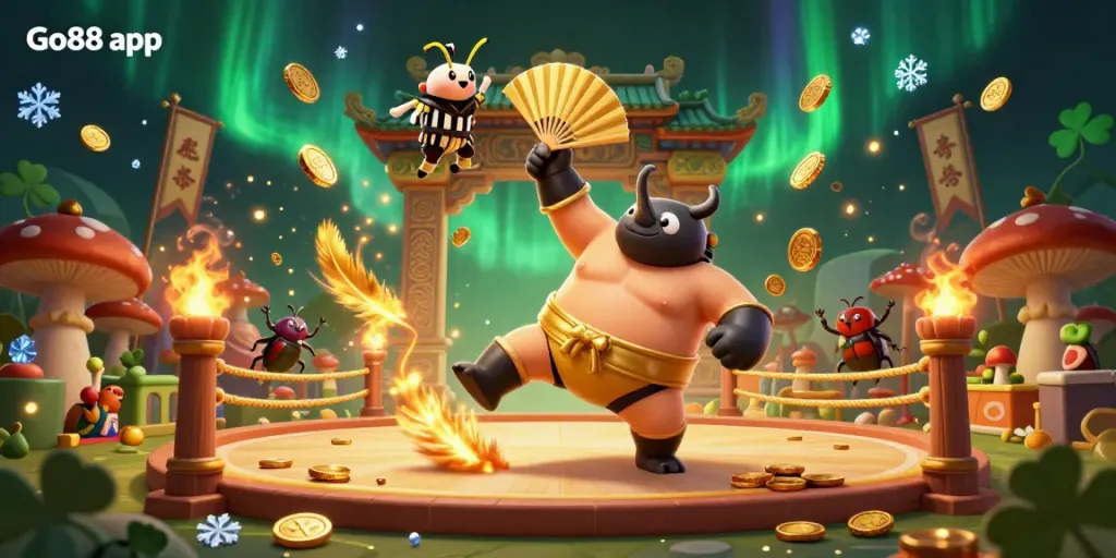 Engage with the Go88 app in an exciting casino world where a sumo beetle champion stirs up a shower of golden coins.
