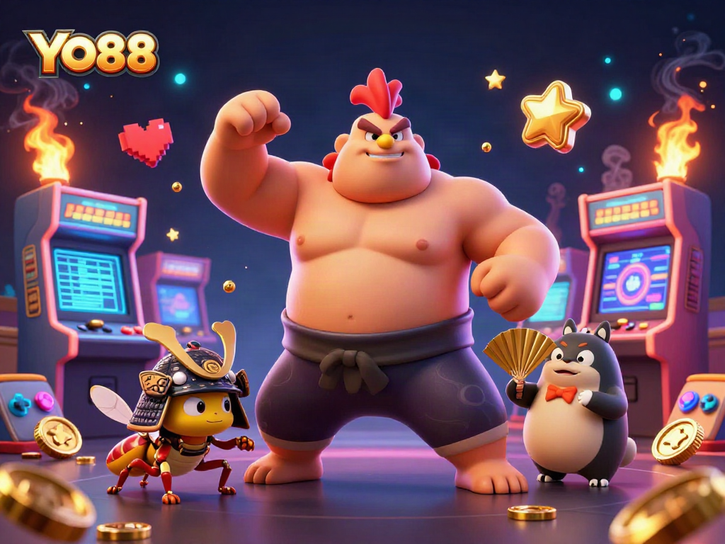 YO88 gaming scene with sumo wrestler rooster and samurai cricket amidst vibrant casino elements.