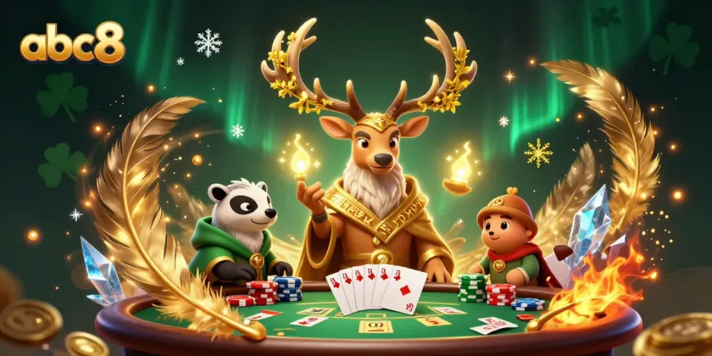 abc8 offers a thrilling poker experience embodied by a Celtic druid stag and wise badger surrounded by casino elements.