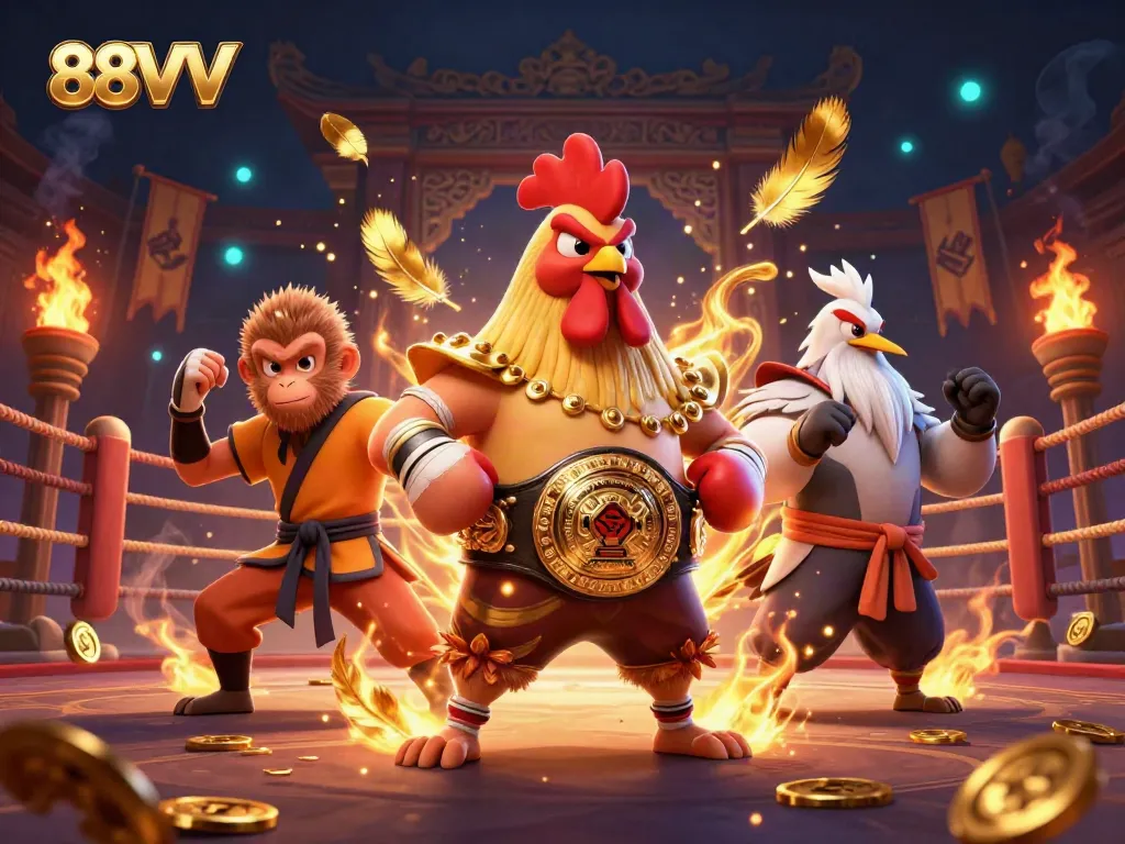 Engaging 88VV action scene featuring a Muay Thai rooster and martial artists, emphasizing betting excitement.