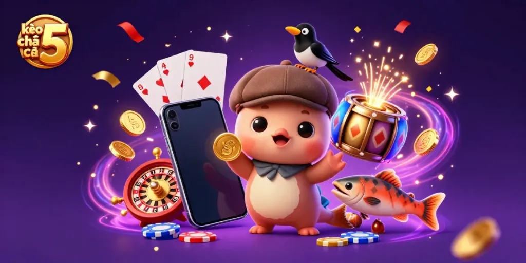 Engage with kèo nhà cái 5 showcasing a vibrant 3D illustration of baby Nessie, casino elements, and magic.