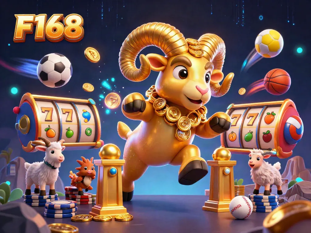 Experience the exciting rush of F168 with a golden ram charging at a jackpot amidst vibrant casino elements.