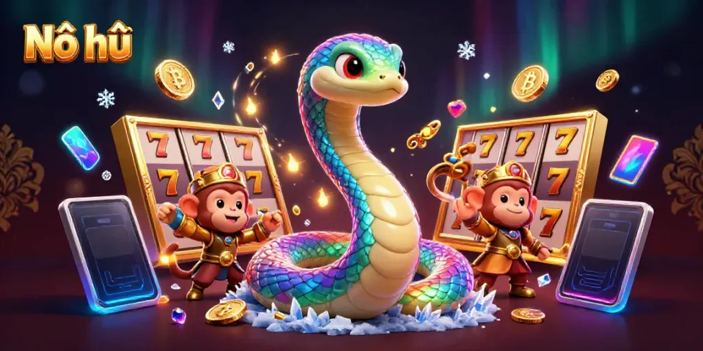 Nổ hũ jackpot scene with a rainbow serpent and monkey king among dynamic slot game elements