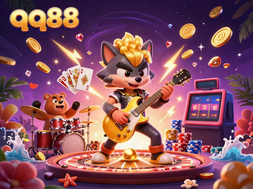 Experience excitement at qq88 with a rock star wolf and drummer bear amidst cascading coins and sparkling gems.