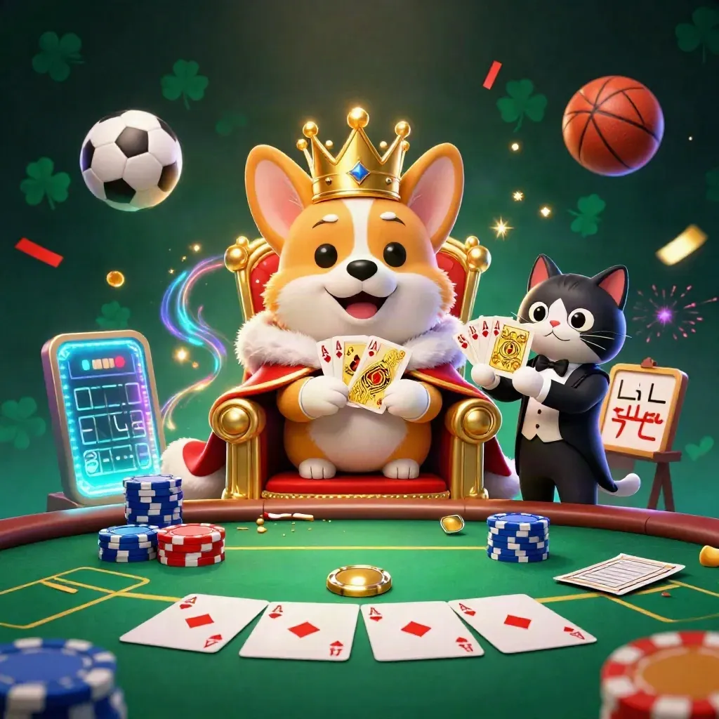 Royal corgi and cat butler amid chips, aces, balls, sparks, and neon casino glow.