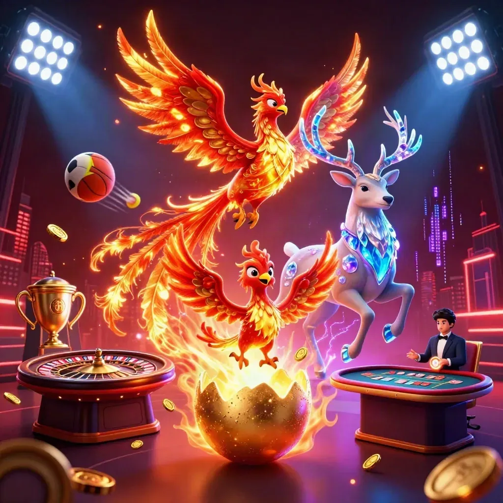 Phoenix, hatching chick, and crystal stag amid casino lights, coins, balls, and neon energy.