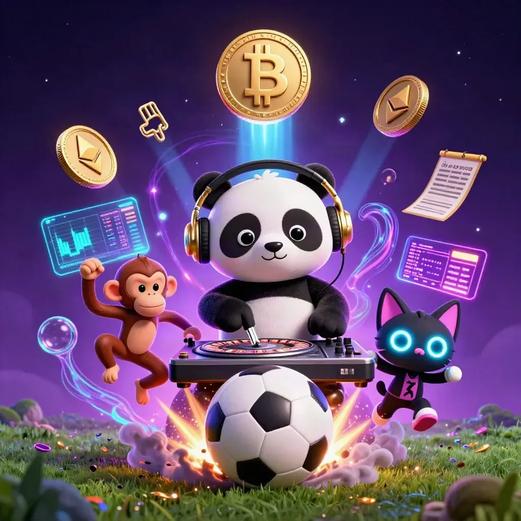 DJ panda, monkey, and glow-kitten amid a soccer-ball explosion with neon casino effects.