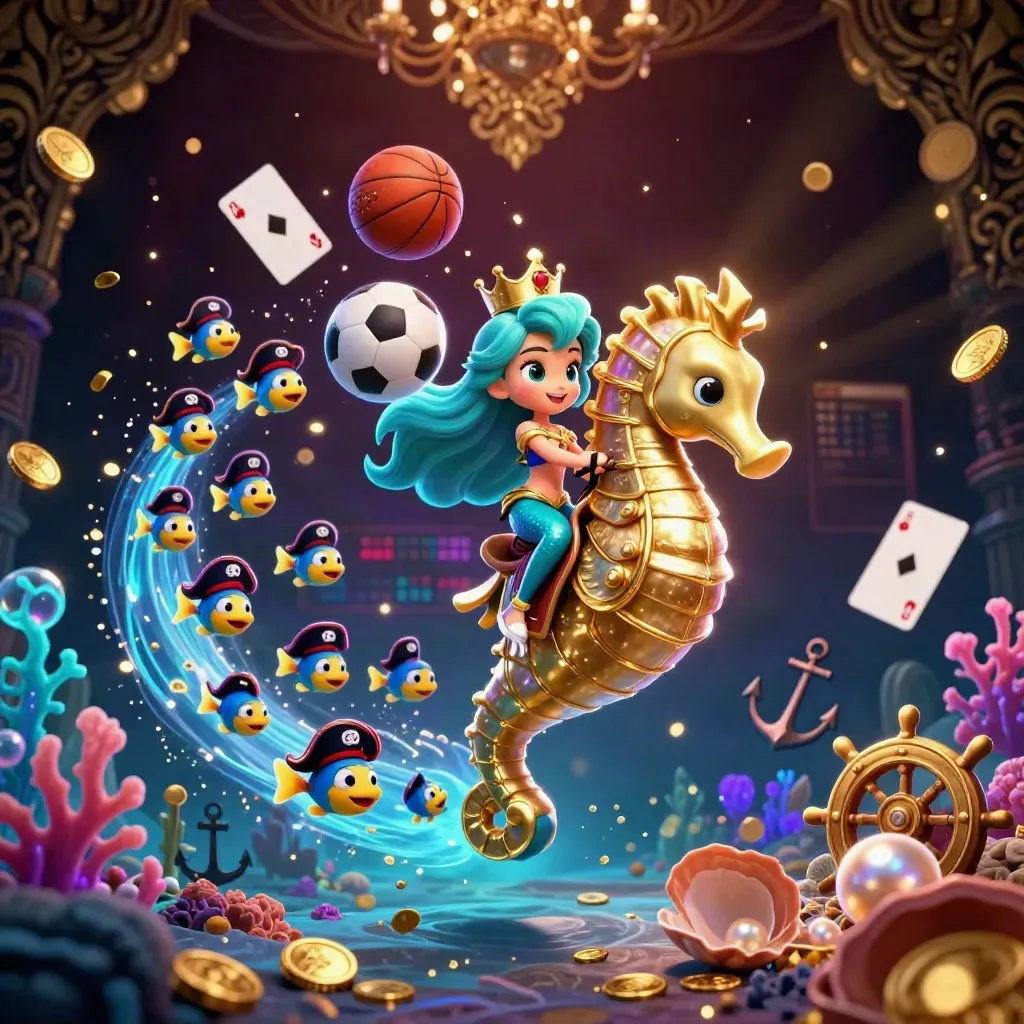 Mermaid princess on an armored seahorse amid casino treasures, balls, cards, and glowing underwater lights