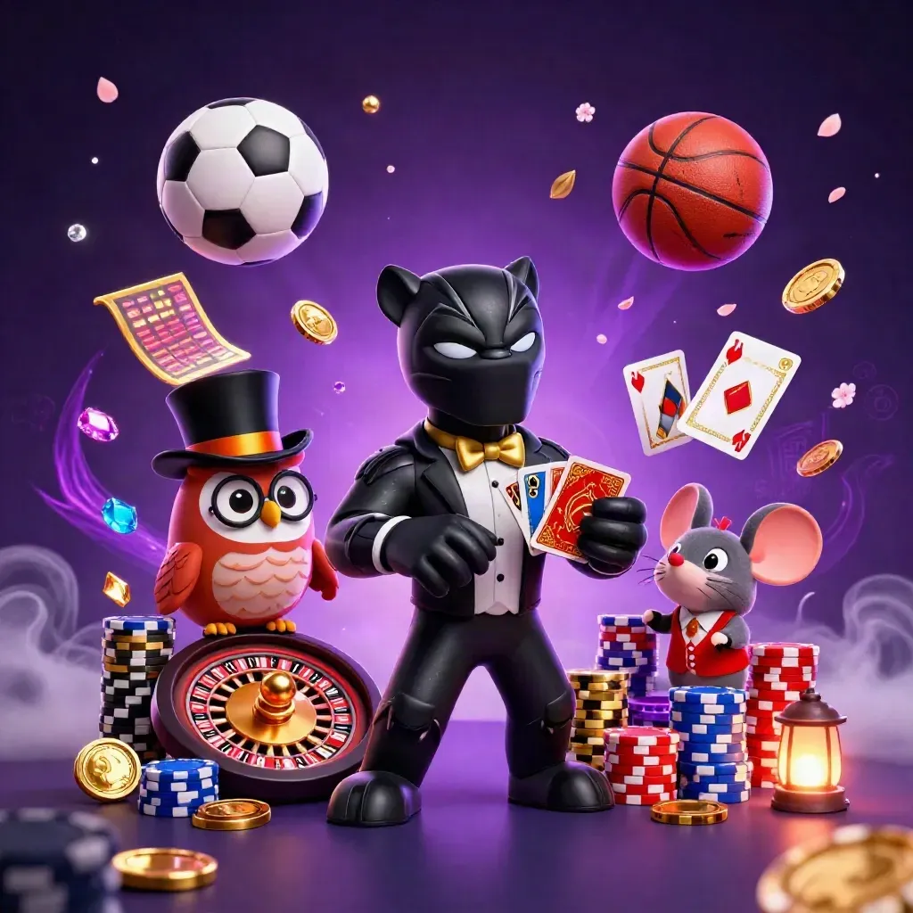 Tuxedo panther, owl, and mouse amid flying chips, cards, coins, and sports props in neon casino light.