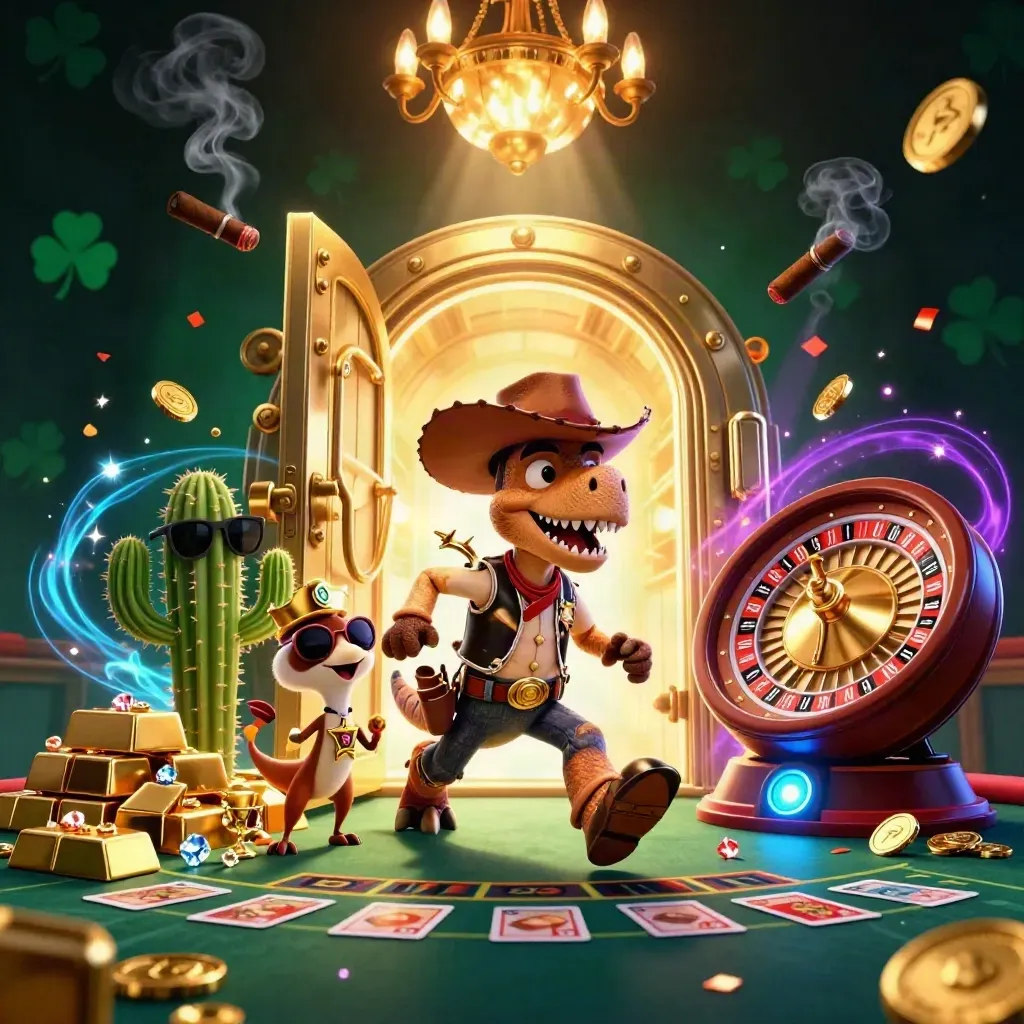 Cartoon cowboy T-Rex trio amid casino gold, neon, and a chandelier-lit vault.