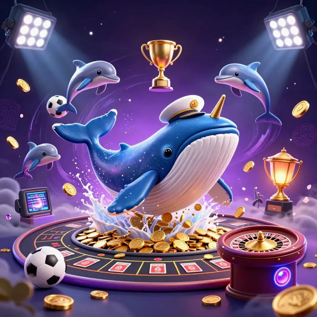 Whale captain, narwhal, dolphins in a neon casino splash with sports balls and gold coins.