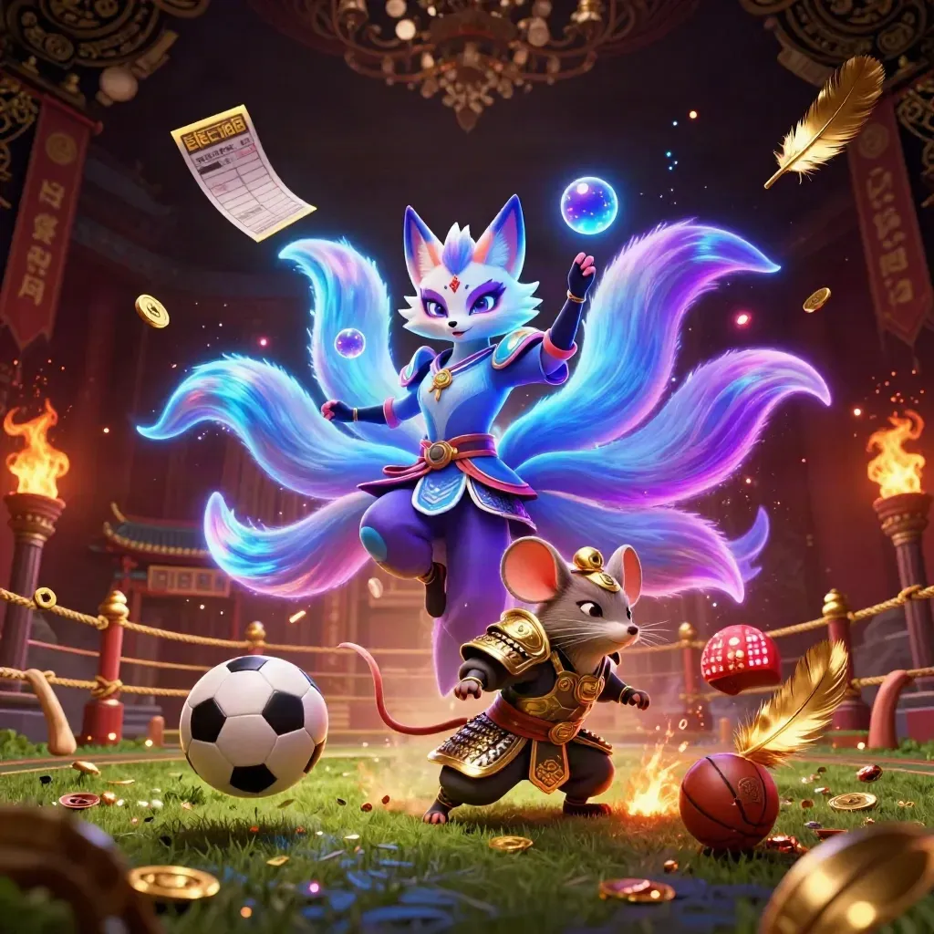 Neon fox spirit and samurai mouse with flying balls, embers, and casino gold