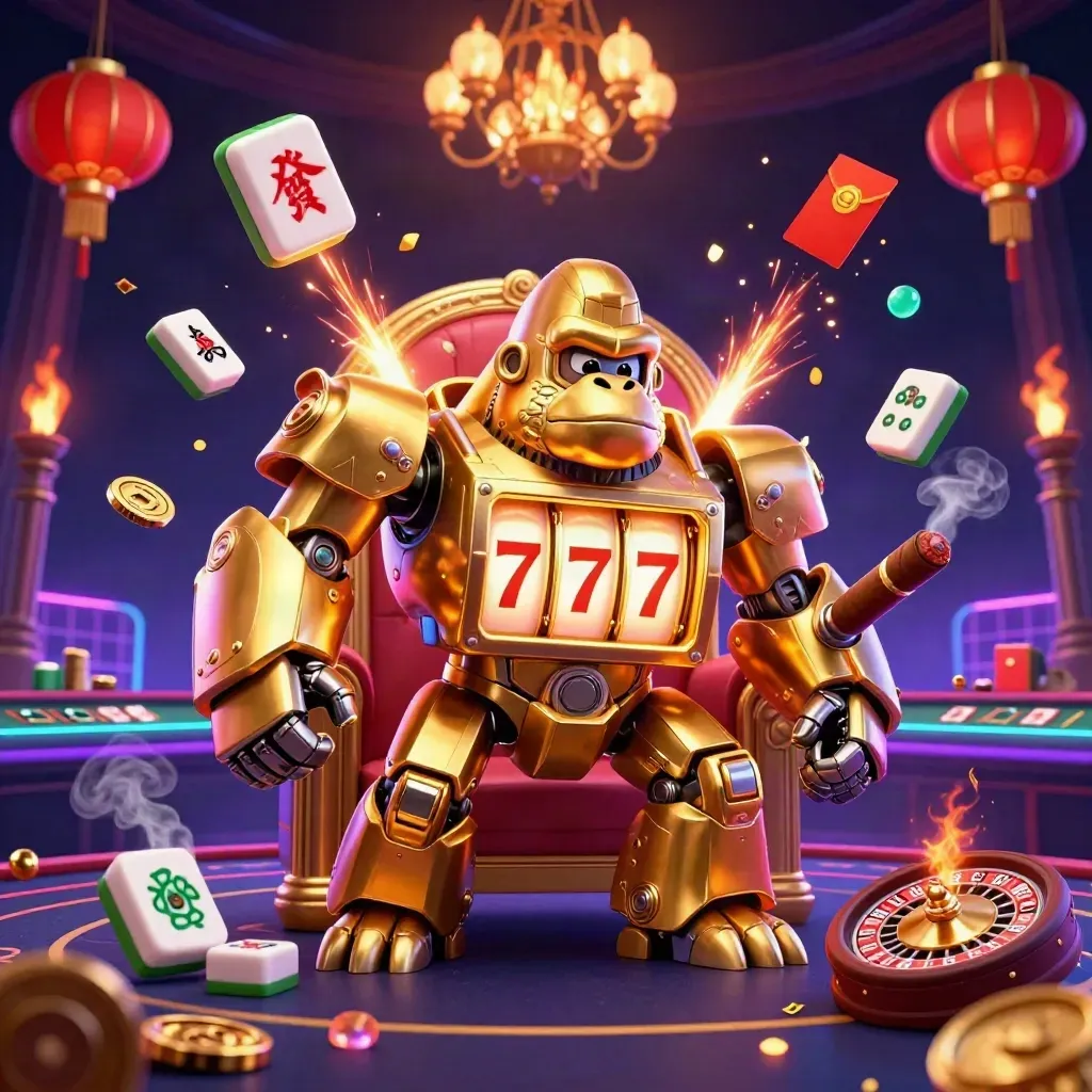 Golden gorilla mech with tiny monkey pilot in a neon casino room, with lanterns, coins, smoke, and roulette glow.