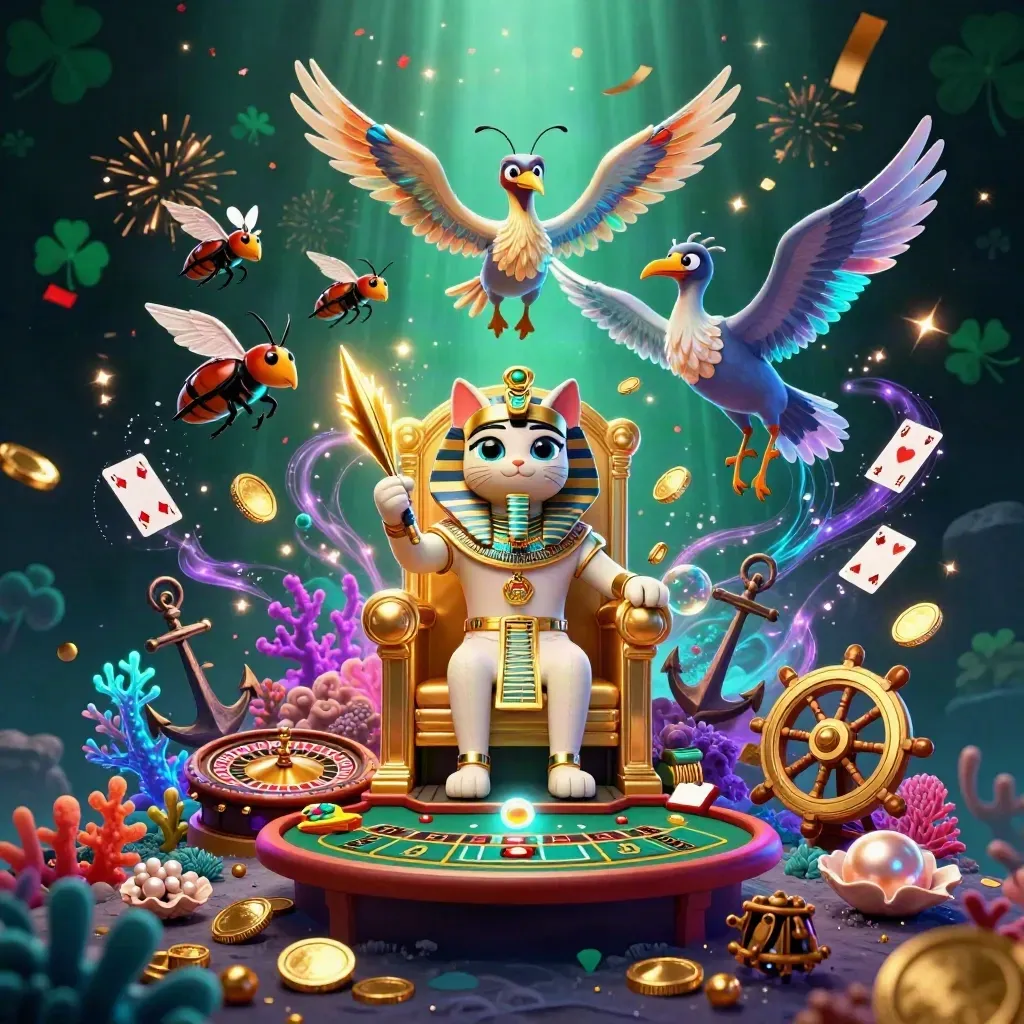 Pharaoh cat, ibis scribe and gem-winged scarabs in a neon casino treasure cove