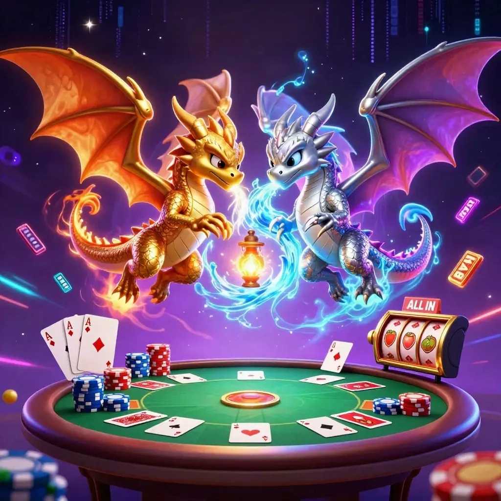 Twin gold and silver dragons swirl in fire-and-ice yin-yang with cards, chips, and neon casino energy.