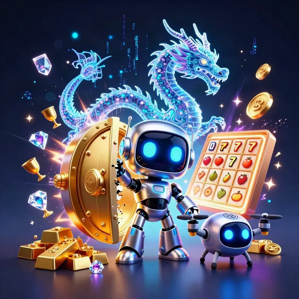 Robot mascot, holographic dragon, and coin drone burst treasure from a glowing blue vault