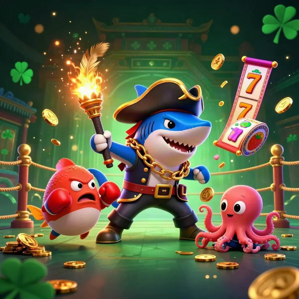 Pirate shark, boxing pufferfish and juggling octopus amid coins, temple gate and neon casino effects.